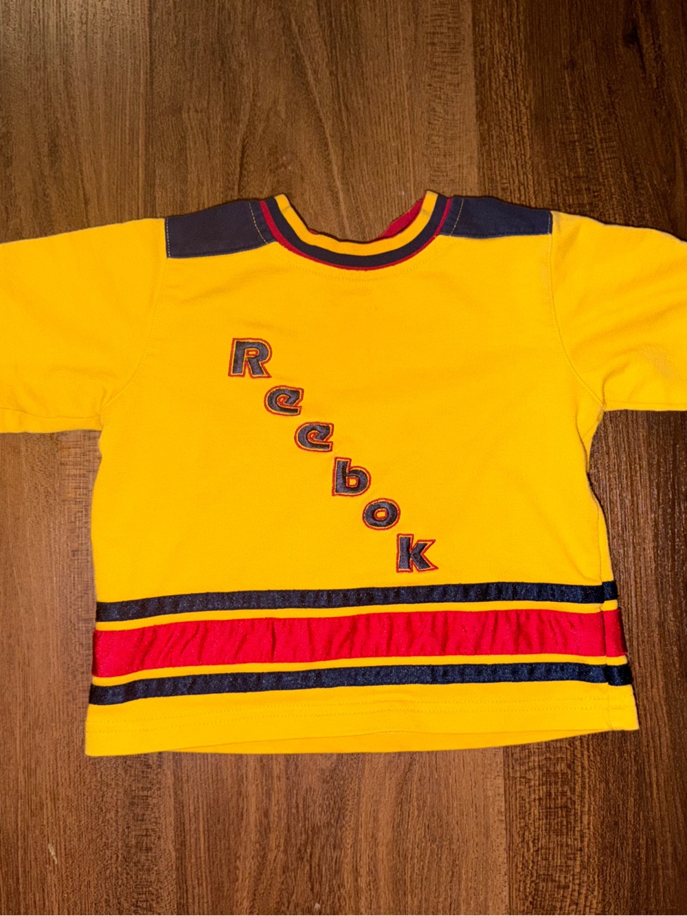 Vintage Reebok Yellow Toddler 18 months' Long Sleeve Top with Red & Navy Stripes